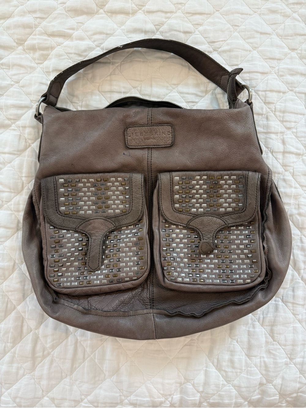 Liebeskind taupe Leather Shoulder Bag with Studded Front Pockets
